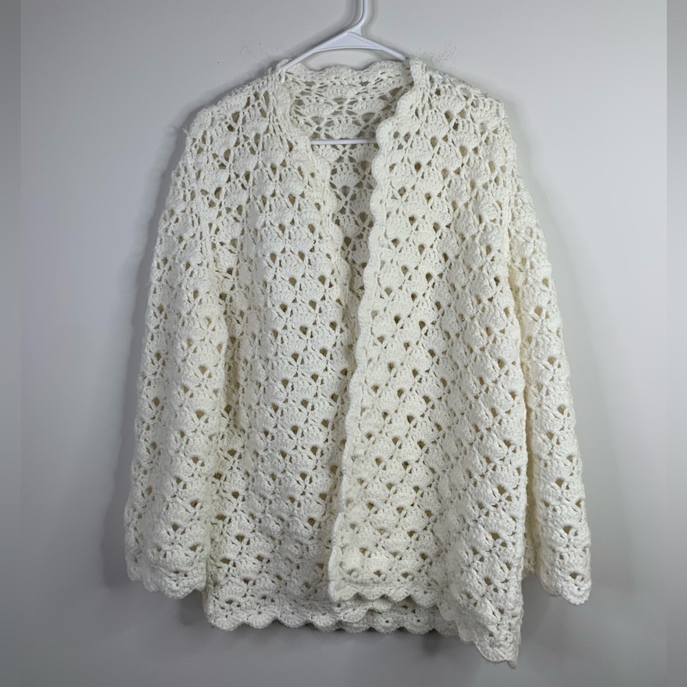 BN12 White Handmade Crochet Open Cardigan Thick Heavy Sweater Grandmacore Large